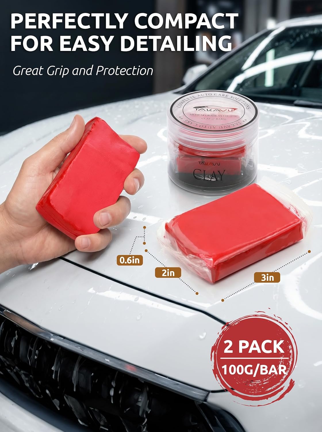 Car Clay Bars Auto Detailing 2 Pack 100g by TAKAVU, Premium Medium Grade Material, Auto Detailing Magic Clay Bar Cleaner for Cleaning Cars, RV, Boats and Bus (Red)