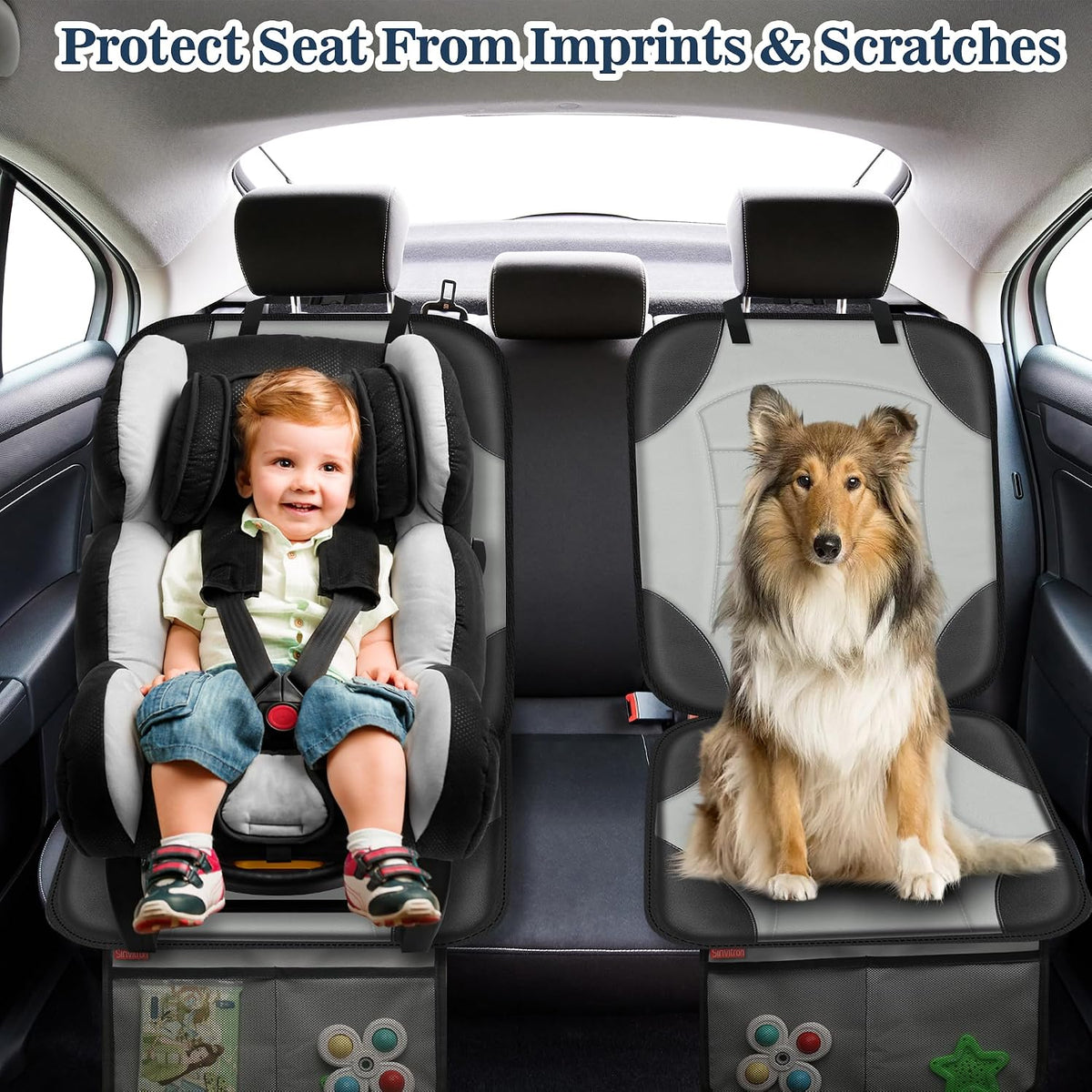 Sinvitron Car Seat Protector for Child Car Seat - Waterproof Non-Slip Leather Mat with 2 Mesh Pockets, Universal Seat Cover for Baby, Pets & Vehicles(2-Pack,Black)