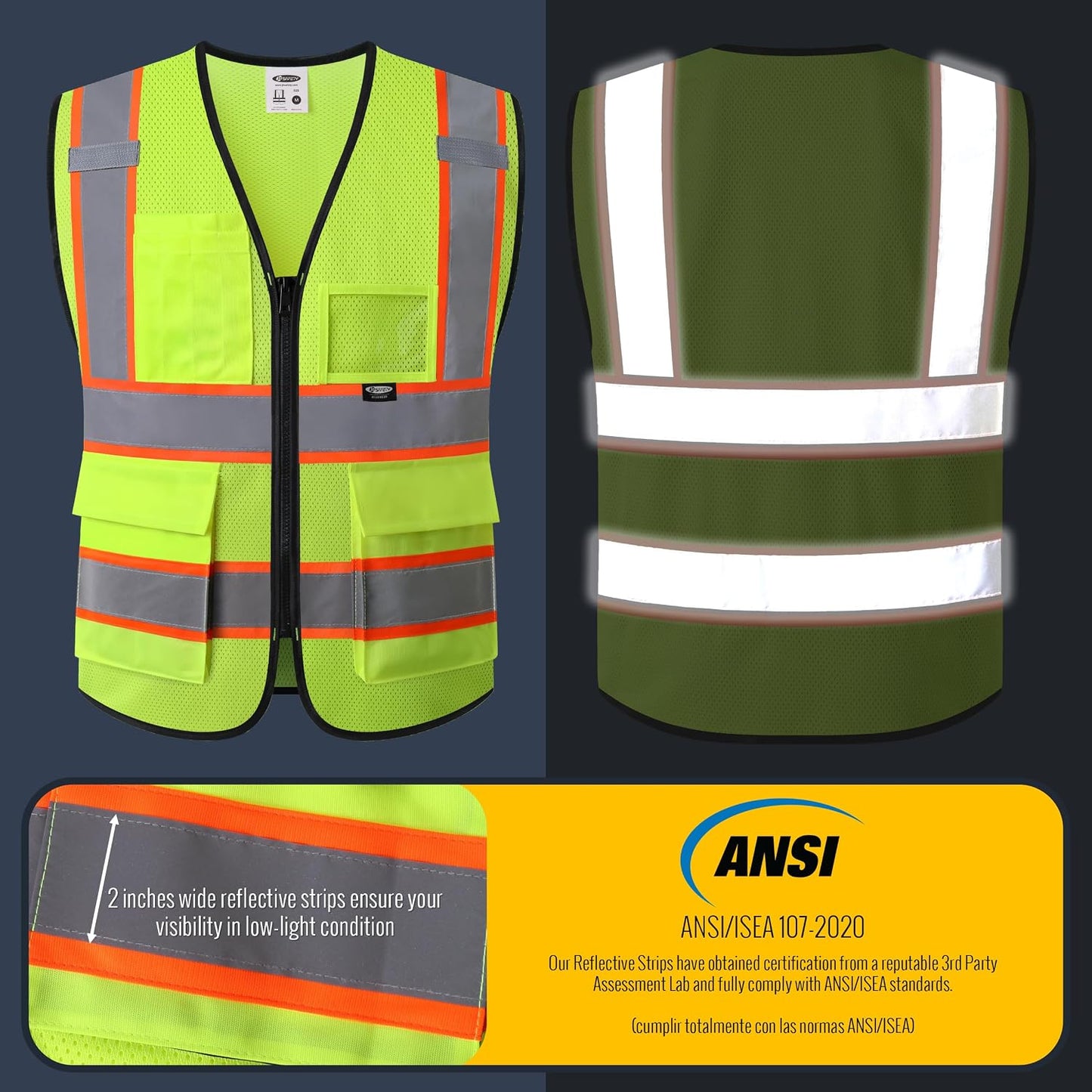 JKSafety Safety Vest for men women Hi Vis Reflective Vest with Pockets and Zipper High Visibility Meet ANSI Standard（BX320