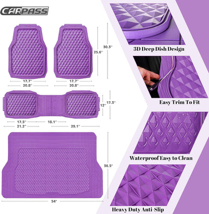 CAR PASS Heavy Duty Rubber Car Mats, Deep Dish All-Weather Floor Mat for Car Full Set Durable Anti-Slip 3D Rhombus Waterproof Trim to Fit Liner Universal Fit Automotive,Sedan,SUV,Truck, 3 Piece Black
