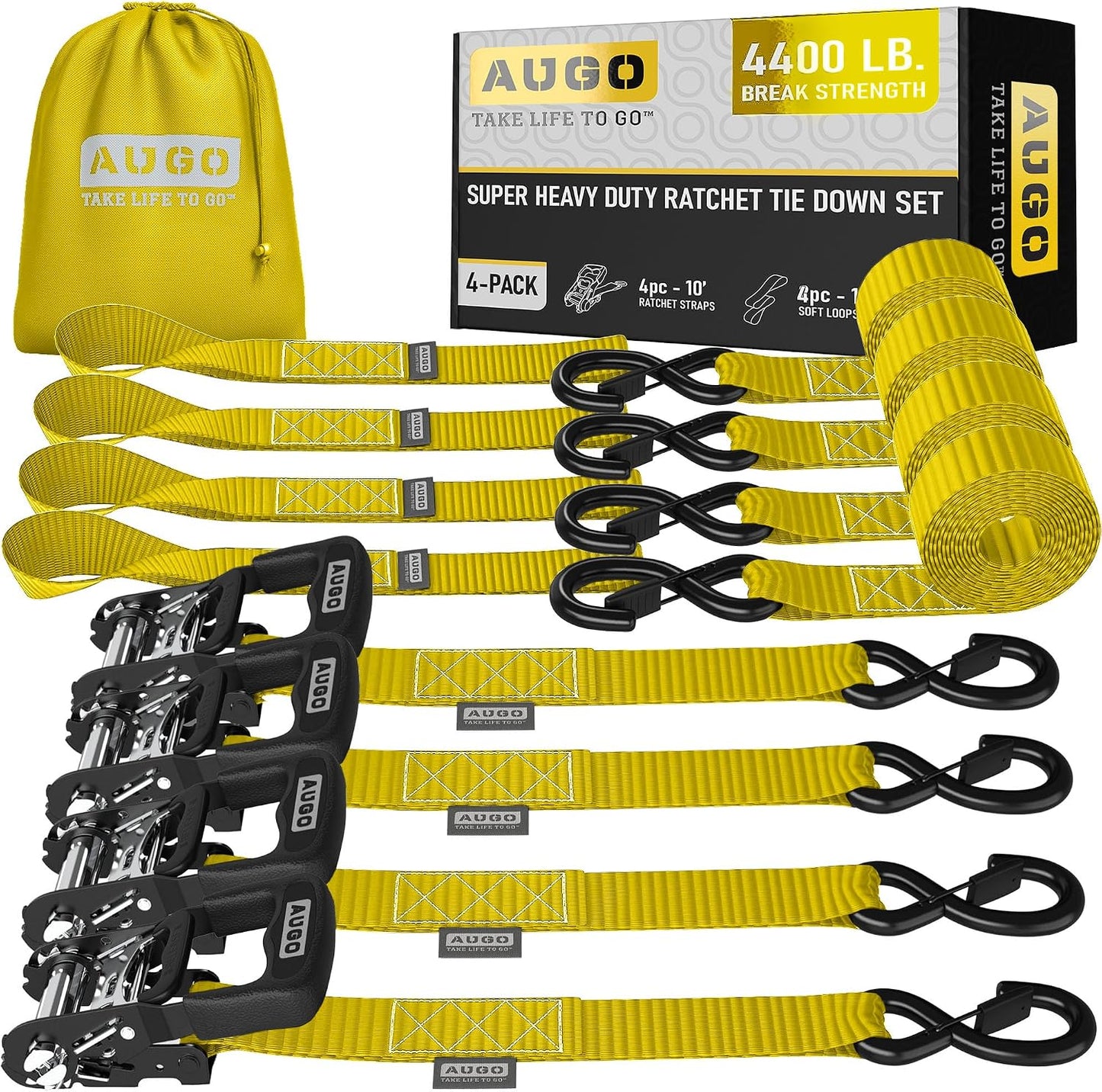 AUGO Ratchet Straps Heavy Duty 4 Pack -15 FT - 2200 LB Break Strength – with Safety Lock S Hooks - Cargo Straps for Moving, Appliances, Motorcycle – Soft Loop Tie Down Straps
