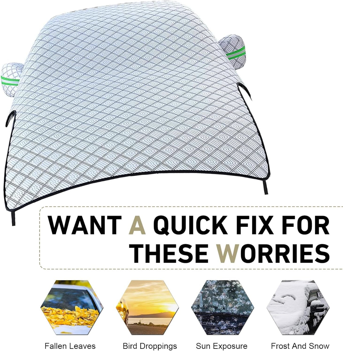 Car Cover Waterproof All Weather, Outdoor Hood Protection, Foldable Protective Shield with Windproof Fixed Strap, Universal Car Snow Cover (Silver)