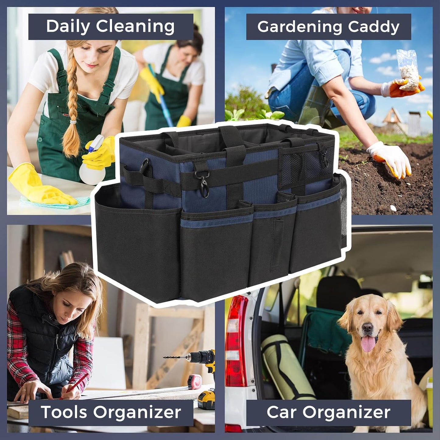 SCAVATA Wearable Cleaning Caddy Organizer with Handle & Shoulder Straps for Housekeepers, Under Sink & Car Cleaning Tool Organizer Bag with 4 Foldable Dividers (Green)