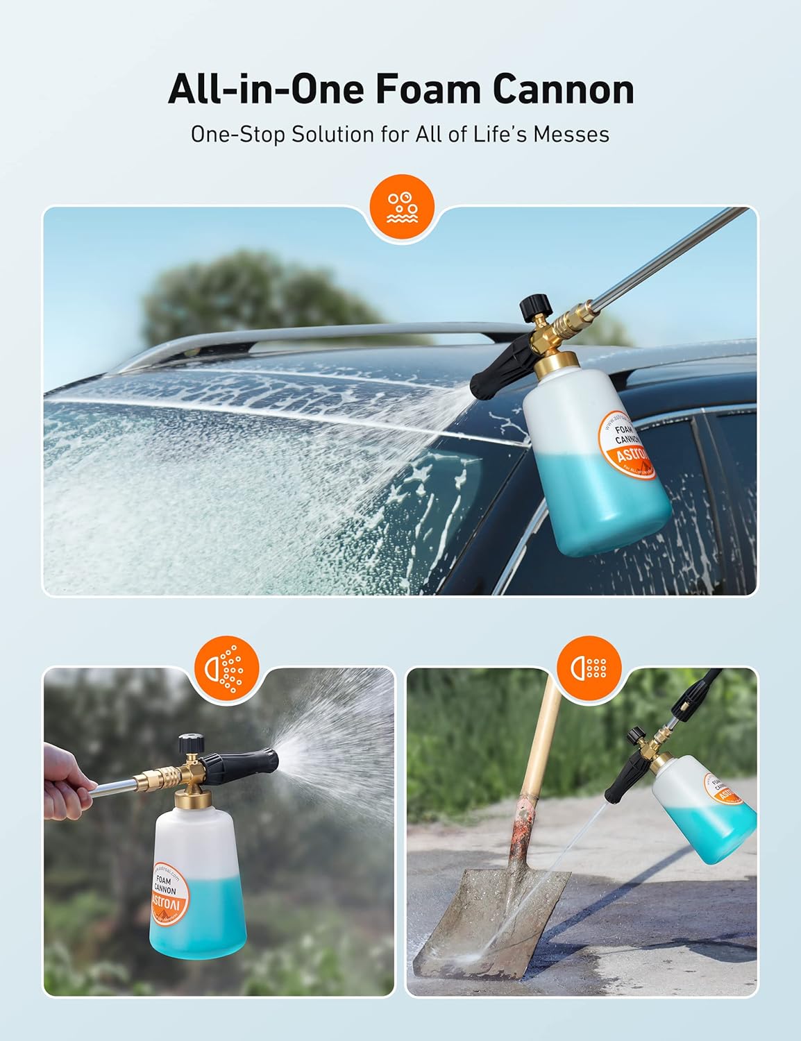 AstroAI Foam Cannon, Heavy Duty Car Foam Blaster Wide Neck Adjustable Snow Foam Lance and Thick Foam for Pressure Washer with 1/4" Quick Connector,1L Bottle