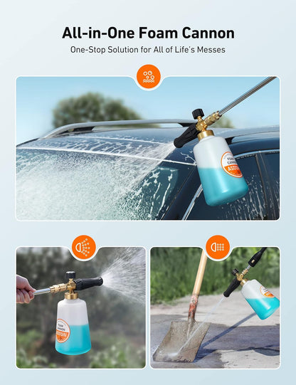 AstroAI Foam Cannon, Heavy Duty Car Foam Blaster Wide Neck Adjustable Snow Foam Lance and Thick Foam for Pressure Washer with 1/4" Quick Connector,1L Bottle