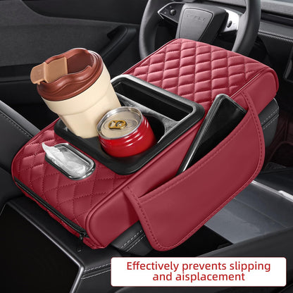 5 in 1 Car Center Console Cover, Armrest Pad with 2 Storage Pockets, Cup Holder, Tissue Slot, Phone Holder, Nappa Leather Memory Foam Car Accessories for SUV Sedan Truck (Black)