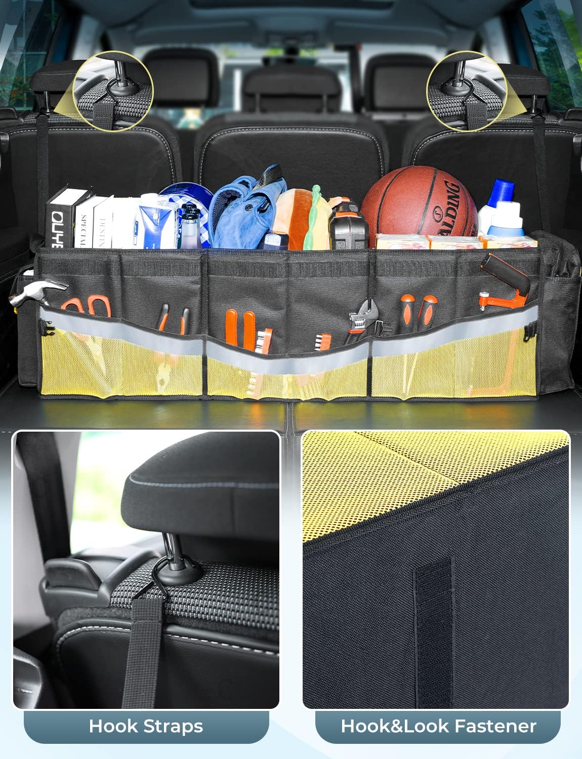 Oasser Car Trunk Organizer, 3 Compartments Collapsible Waterproof Car Organizer Storage with Foldable Cover, Reflective Strip, Non-Slip Bottom, 4 Mesh Pockets for SUV/Truck/Sedan/Camping/Road Trip