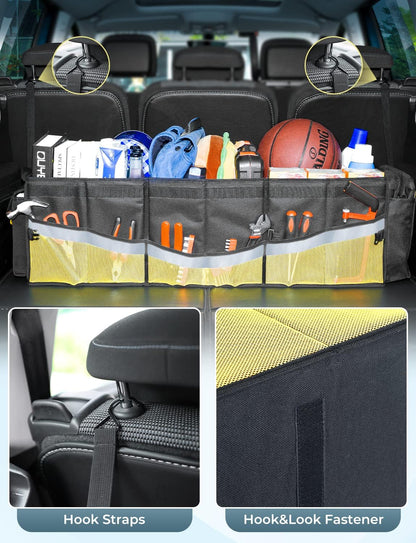 Oasser Car Trunk Organizer, 3 Compartments Collapsible Waterproof Car Organizer Storage with Foldable Cover, Reflective Strip, Non-Slip Bottom, 4 Mesh Pockets for SUV/Truck/Sedan/Camping/Road Trip
