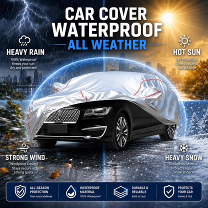 Car Cover for Sedan, Waterproof All Weather Heavy Duty, 360° Underbody Wrap Windproof Design, Quick Install Outdoor Vehicle Cover, Fits 186-193 in