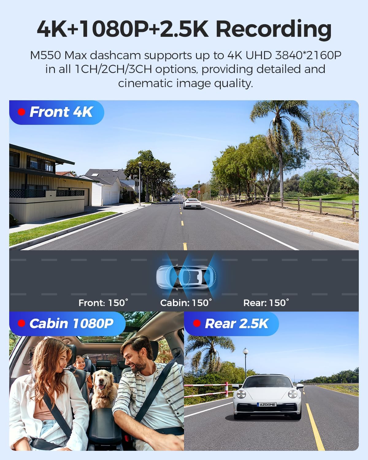 AZDOME M550 Max 4K 3 Channel Dash Cam, Dual STARVIS 2 Sensors, 4K+2.5K+1080P Front and Rear Inside Triple Car Camera, Built-in WiFi GPS, 64GB Card Included, IR Night Vision, Ride Share Accessories