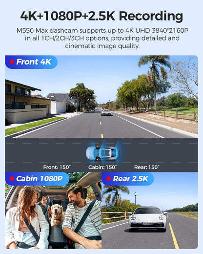 AZDOME M550 Max 4K 3 Channel Dash Cam, Dual STARVIS 2 Sensors, 4K+2.5K+1080P Front and Rear Inside Triple Car Camera, Built-in WiFi GPS, 64GB Card Included, IR Night Vision, Ride Share Accessories