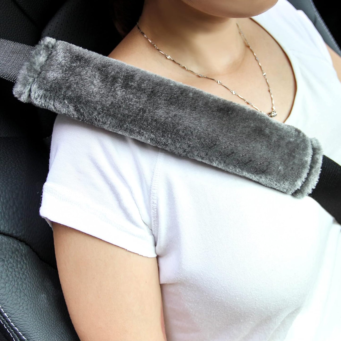 Amooca Soft Faux Fur Universal Fit Seatbelt Cover Car Truck SUV Airplane Seat Belt Shoulder Pad for Carmera Backpack Straps Neck Cushion Protector 2 Pack 10.5in Dark Gray