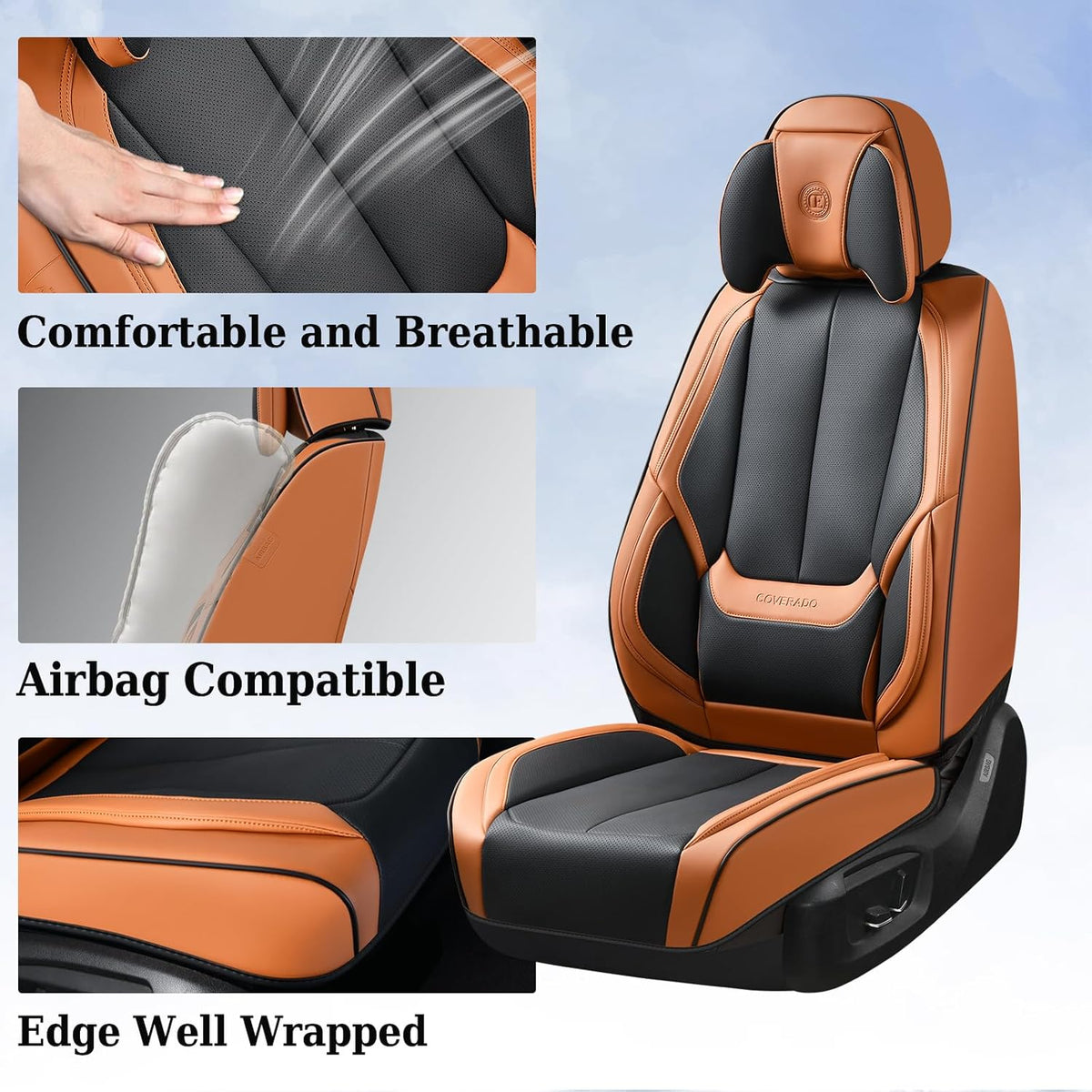 Coverado Seat Covers Full Set, Black Seat Covers for Cars 5 Seats, Car Seat Protector, Waterproof Nappa Leather Car Seat Cushion, Front and Rear Car Seat Cover Fit for Most Sedans SUV Pick-up Truck - Colors A