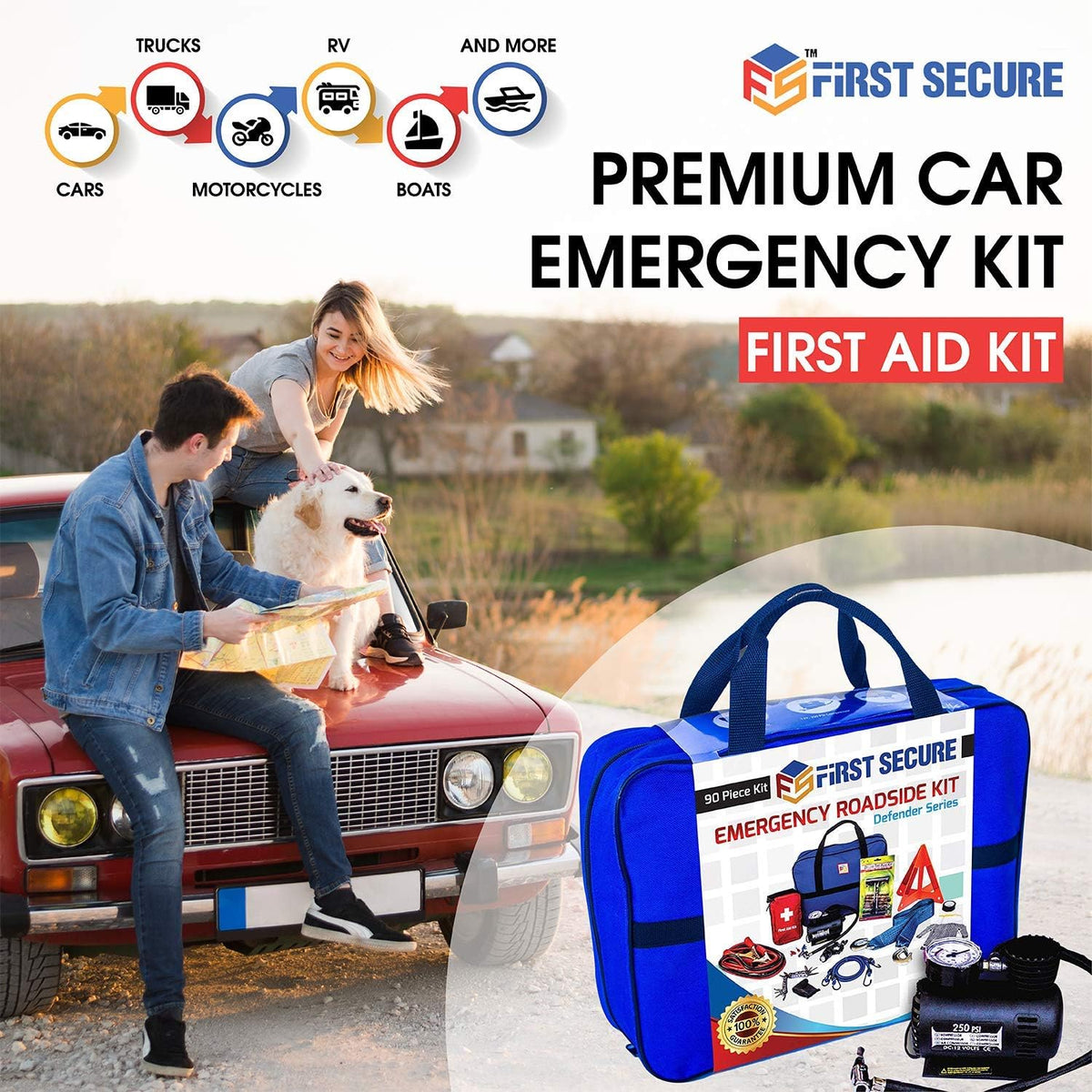 Car Emergency Kit with Air Compressor, Jumper Cables, First Aid, Tow Strap, Tire Gauge, Headlamp – Roadside Safety Kit for Women, Men, Teens