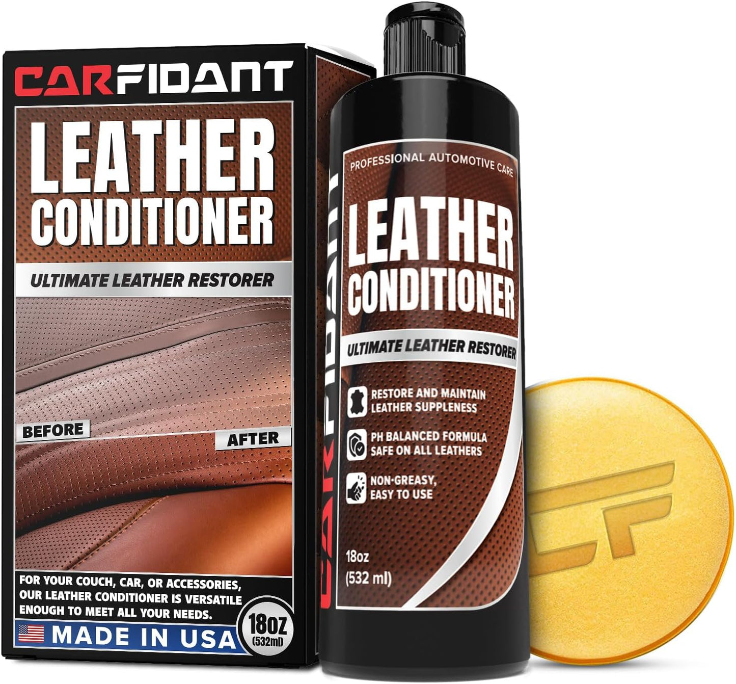 Leather Couch Conditioner & Restorer - Full Leather Restore & Conditioning Kit with Applicator Pad for Car Seats, Couch, Furniture, Shoe, Sofa, Bag & Purses - 18 fl. oz.