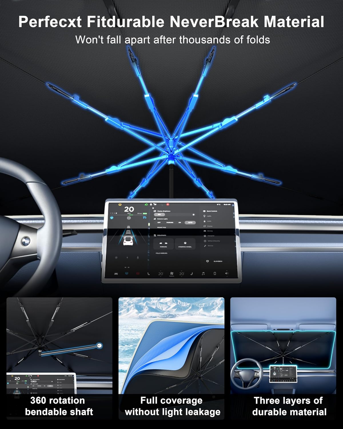 helloleiboo Car Windshield Sun Shade Umbrella 57" x 32", Windshield Sun Shade Foldable with 5-Layer Thickened Vinyl Coating Reflective Heat & UV Protection Fits Most Sedans & Compact SUVs