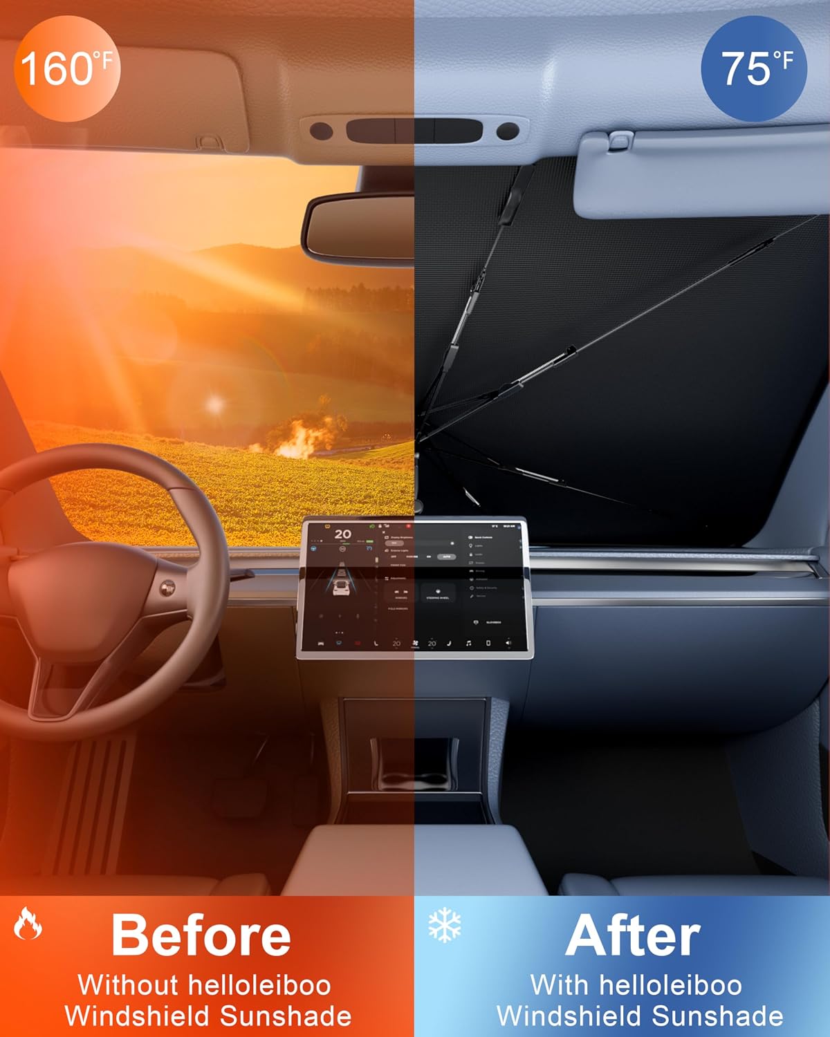 helloleiboo Car Windshield Sun Shade Umbrella 57" x 32", Windshield Sun Shade Foldable with 5-Layer Thickened Vinyl Coating Reflective Heat & UV Protection Fits Most Sedans & Compact SUVs