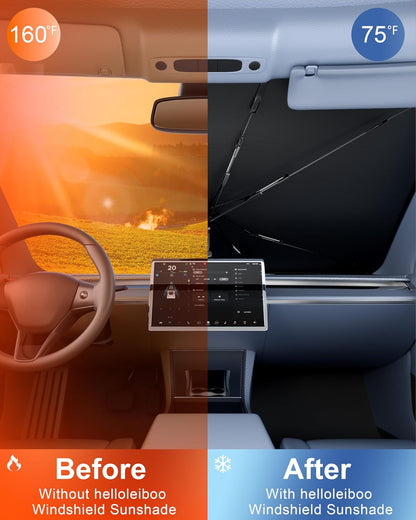 helloleiboo Car Windshield Sun Shade Umbrella 57" x 32", Windshield Sun Shade Foldable with 5-Layer Thickened Vinyl Coating Reflective Heat & UV Protection Fits Most Sedans & Compact SUVs
