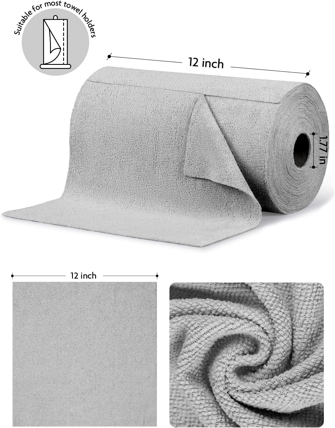 Fantasticlean Microfiber Cleaning Cloth Roll -75 Pack, Tear Away Microfiber Towels, 12" x 12", Reusable, Washable, Scratch Free, Ultra Absorbent for All-Around Cleaning Supplies (DimGray)