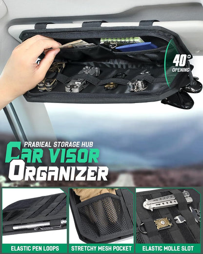 LIVANS Tactical Car Sun Visor Organizer, Auto Accessories Semi-Rigid Molle Panel with Zipper Storage Pouch & Glasses Holder, Gift for Car Gear, Fit Cars, Trucks, Suvs, Jeeps & Patrols (Gray)