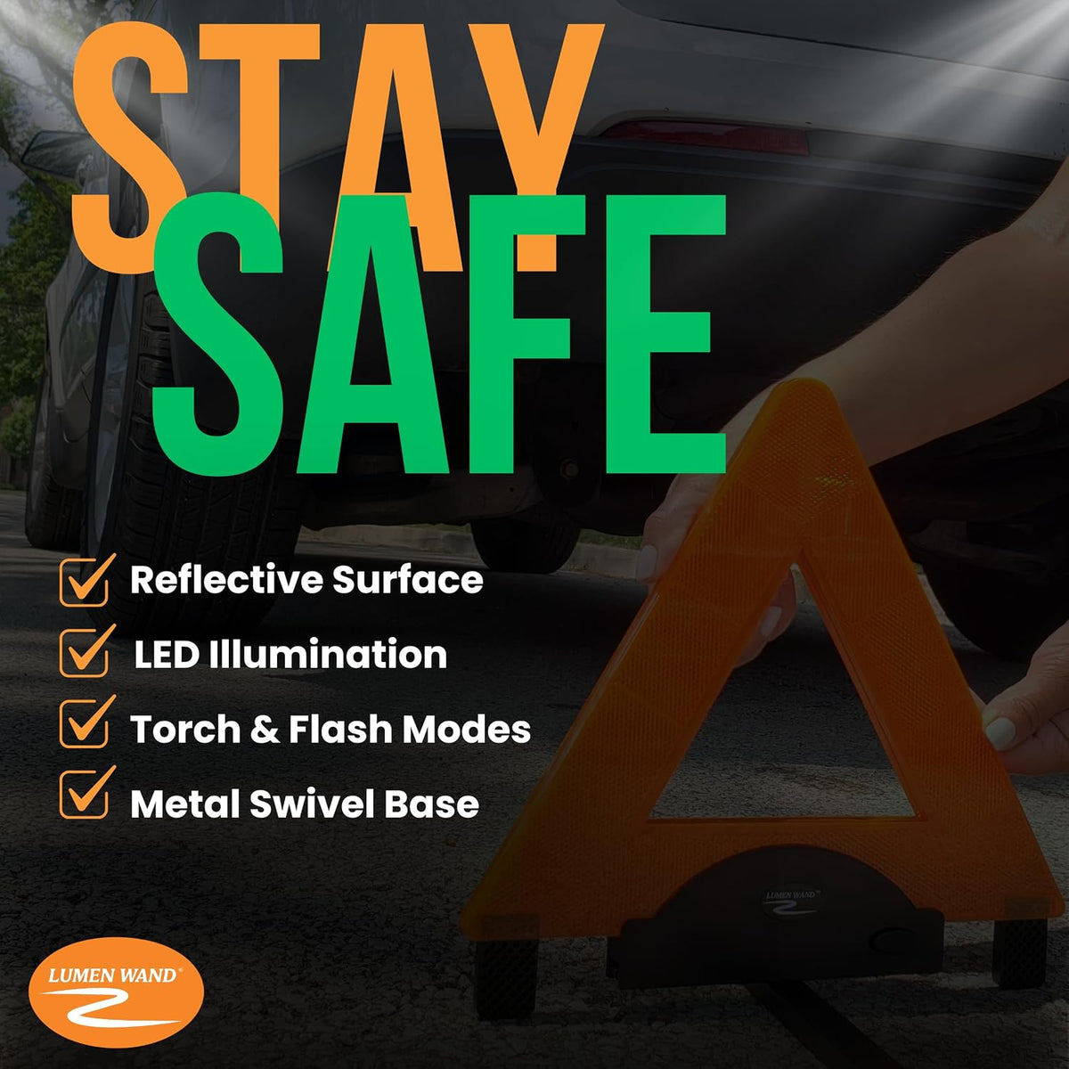 Lumen Wand Reflective Warning Triangle with LED Lights for Road Safety Metal Base | Internal LED with External Reflectors Emergency Triangle for Car Breakdowns