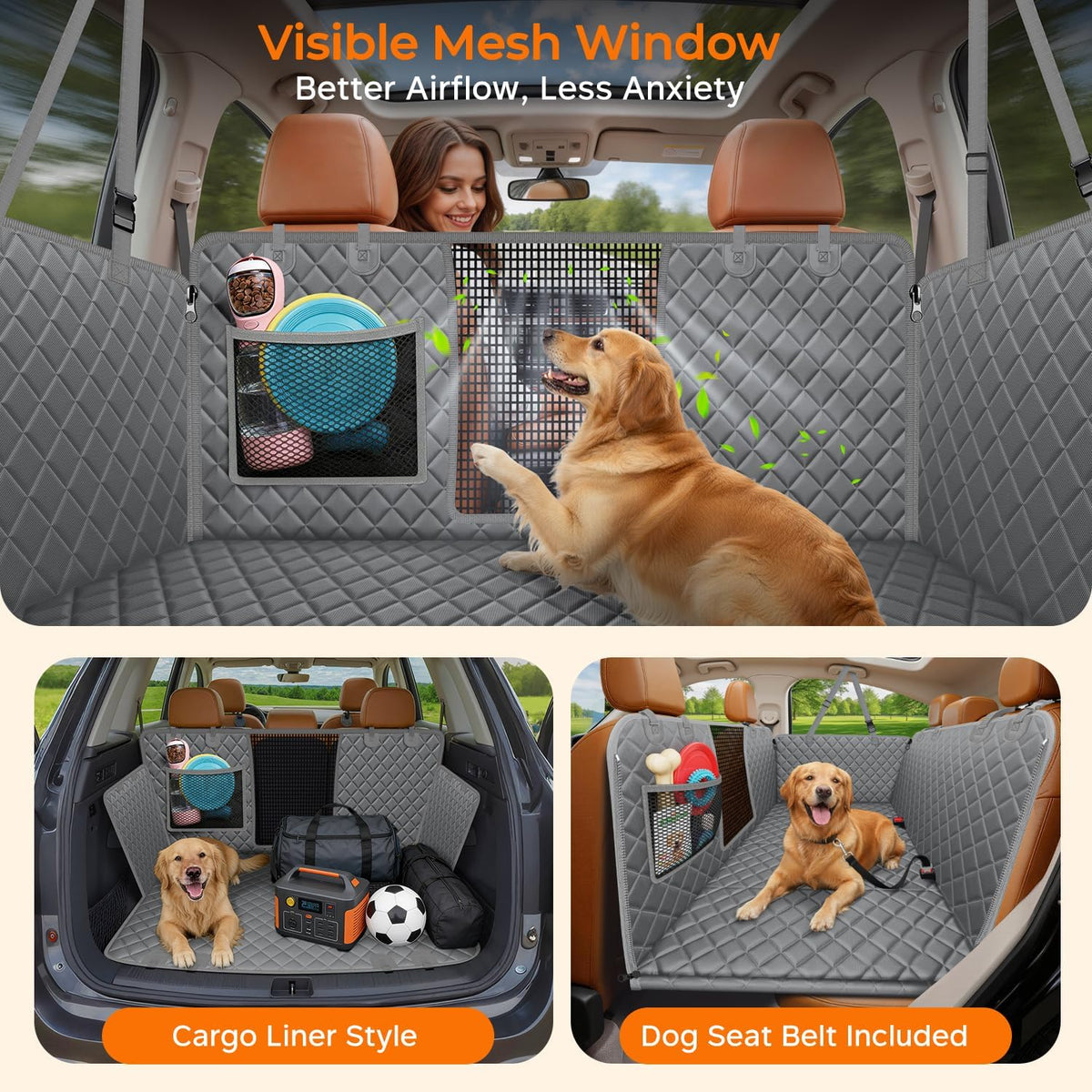 URPOWER Backseat Extender for Dogs - Hard Bottom Dog Car Seat Cover for Back Seat, Dog Hammock for Car and SUV, Pet Rear Seat Protector Dogs Travel Bed with Mesh Window