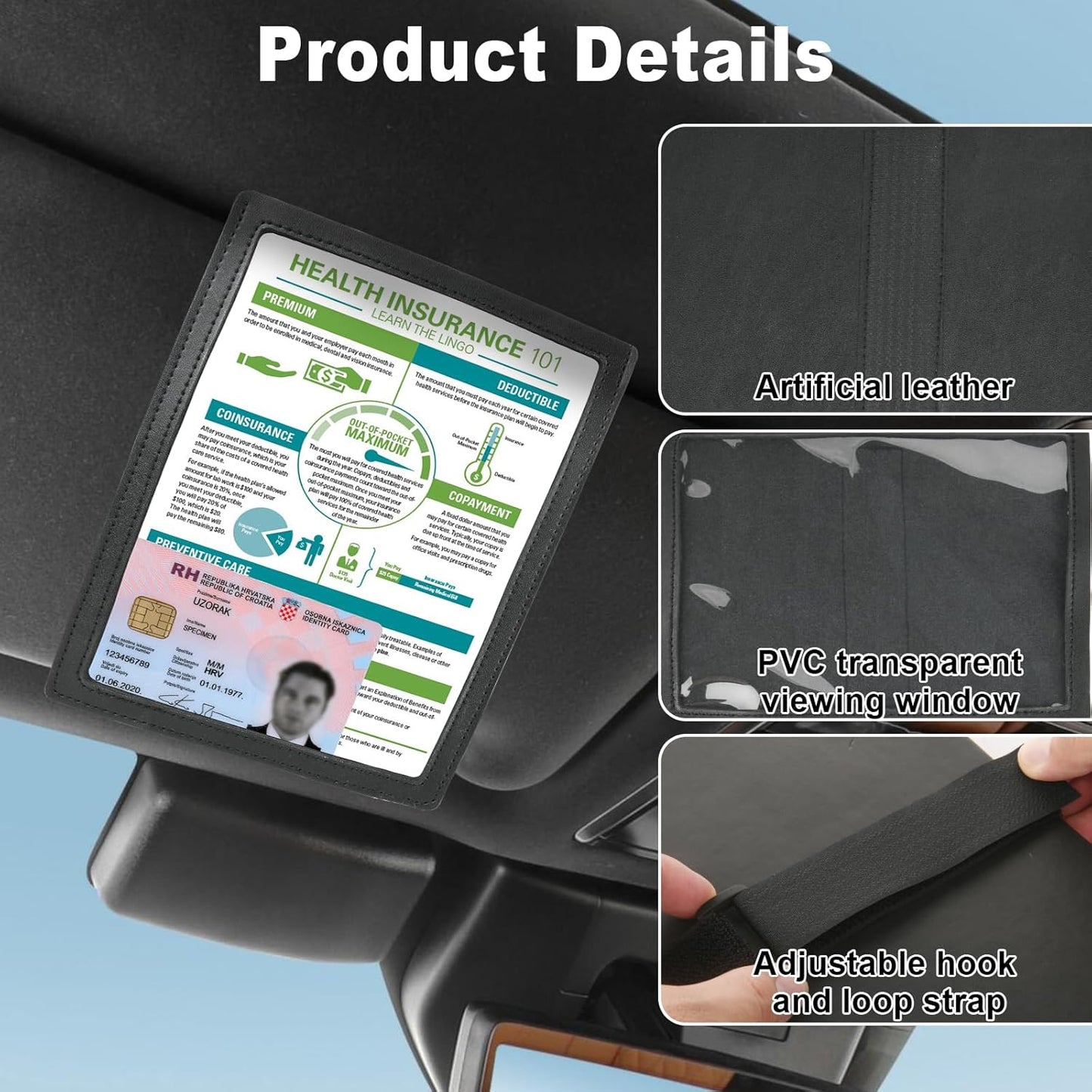 Registration Insurance Card Document Holder for Visor, Carrying Case for Registration and Insurance, Adjustable Visor Bag Drivers License Holder for Photo, Fit Most Car, SUV and Truck (Horizontally)