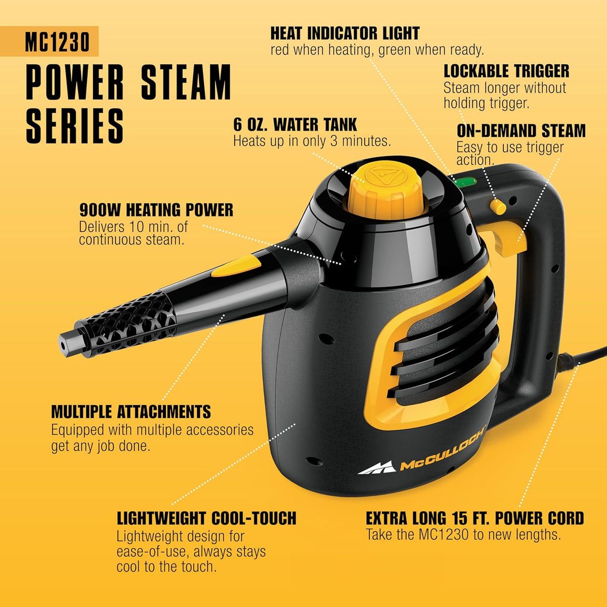 McCulloch MC1385 Deluxe Canister Steam Cleaner, 2-Hour Runtime, Chemical-Free, 23 Accessories: Mop Head, Brushes & More - Built for Home, Tile, Carpet, Furniture, & Personal Car Detailing