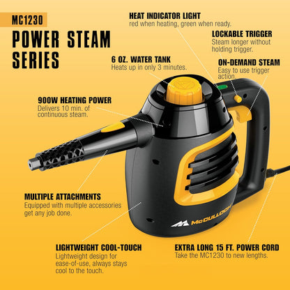 McCulloch MC1385 Deluxe Canister Steam Cleaner, 2-Hour Runtime, Chemical-Free, 23 Accessories: Mop Head, Brushes & More - Built for Home, Tile, Carpet, Furniture, & Personal Car Detailing