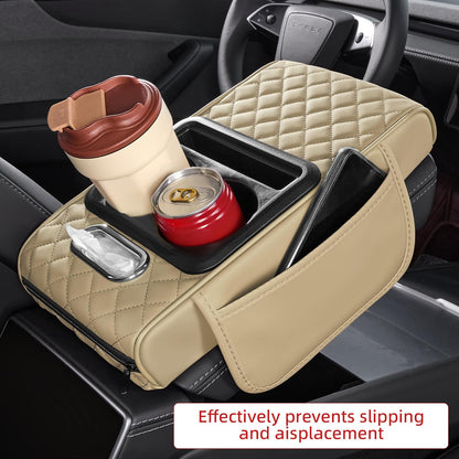 5 in 1 Car Center Console Cover, Armrest Pad with 2 Storage Pockets, Cup Holder, Tissue Slot, Phone Holder, Nappa Leather Memory Foam Car Accessories for SUV Sedan Truck (Black)