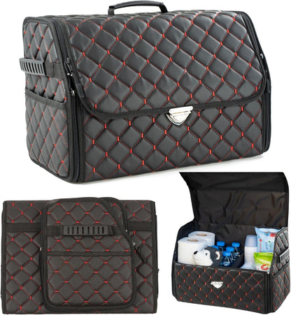 Leather Trunk Organizer with Lid for Suv and more, Foldable Car Organizer, Car Organizers and Storage with Pockets, Non-Slip Design (Black-Black)