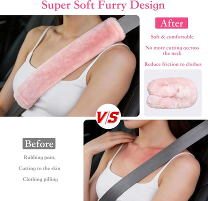 Amooca Soft Faux Fur Universal Fit Seatbelt Cover Car Truck SUV Airplane Seat Belt Shoulder Pad for Carmera Backpack Straps Neck Cushion Protector 2 Pack 10.5in Dark Gray