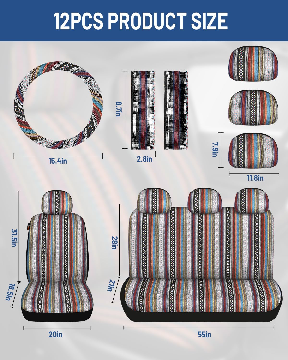 Baja Saddle Blanket Car Seat Covers Front Set, Washable Breathable Striped Woven Cloth Seat Covers for Cars, SUV, Truck, Airbag Compatible(Orange)