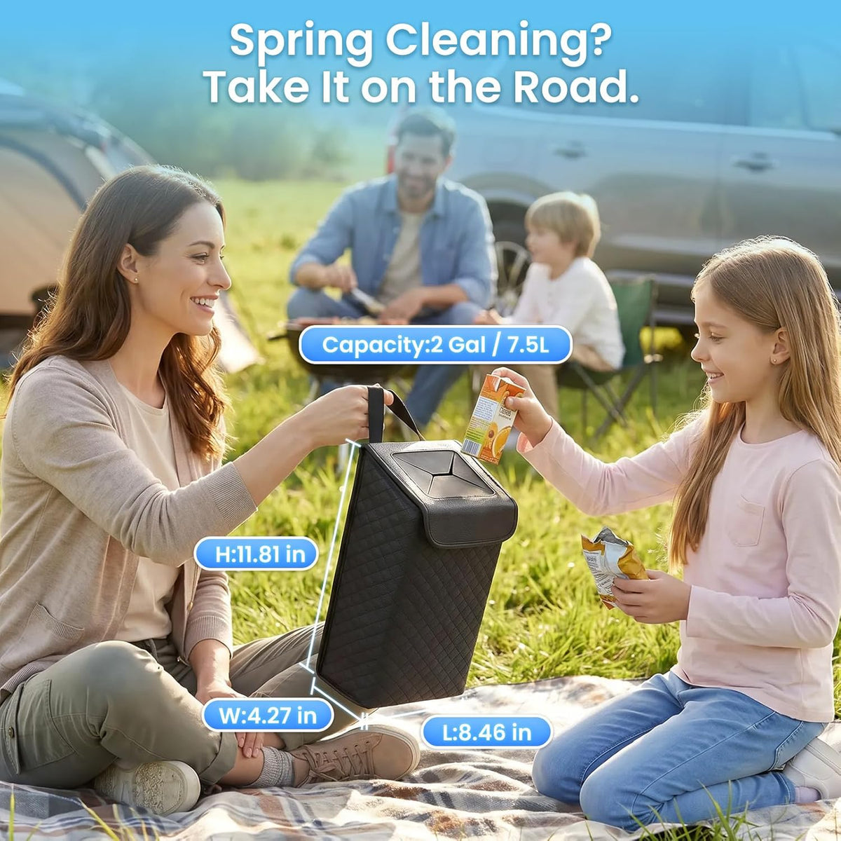 Tsumbay Car Trash Can with Lid, Leather Garbage Can, Leakproof and Removable Interior Liner, Multipurpose Hanging Garbage Bin with Quick Access Magnetic Opening, Trash Bin for Car (2 Gallon/7.5L)