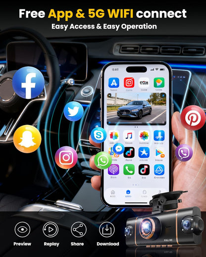 4K+1080P*3 FHD Car Camera, 4 Channel 360° Dash Cam Front Rear Inside & Left Right, 5GHz WiFi & App Control, 24H Parking Mode, G-Sensor, 8 IR Lamps Night Vision, Loop Recording, Includes 64GB SD Card