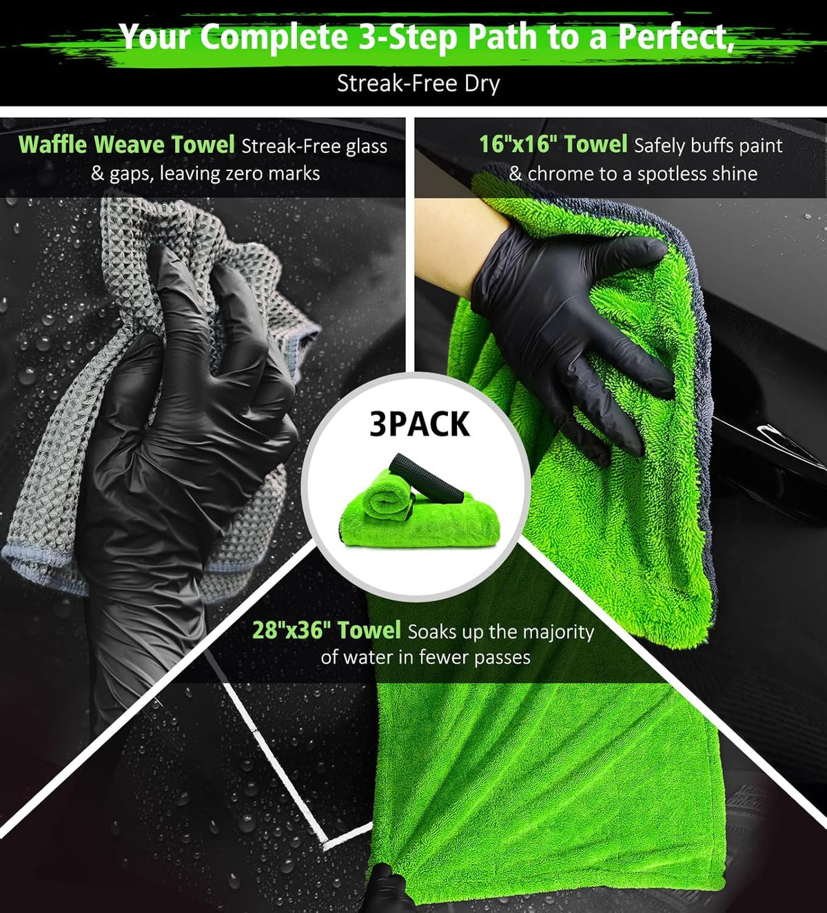 YeewayVeh 'Agile Giant' Car Drying Towel, 28x36 Inch Quick Car Wash Drying Towels, 1400 GSM Super Absorbent, Double Sided Microfiber Towels for Cars Effortless & Scratch-Free Detailing, Green