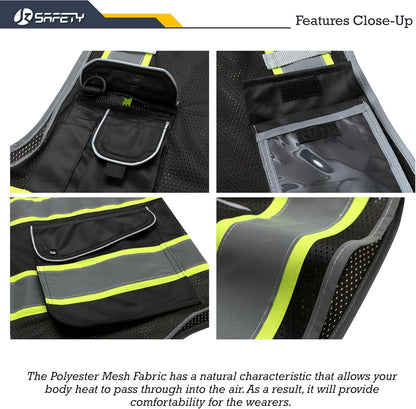 JKSafety 9 Pockets Class 2 High Visibility Zipper Front Safety Vest With Reflective Strips,Meets ANSI/ISEA Standard (Large, 150-Yellow) - Colors A