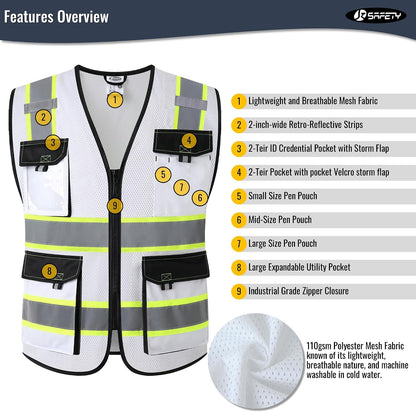 JKSafety Hi Vis Reflective Safety Vests for Men Women High Visibility Vest with Pockets Mesh Fabric Construction Safety Apparel Neon Vest for Work (220-Black L)