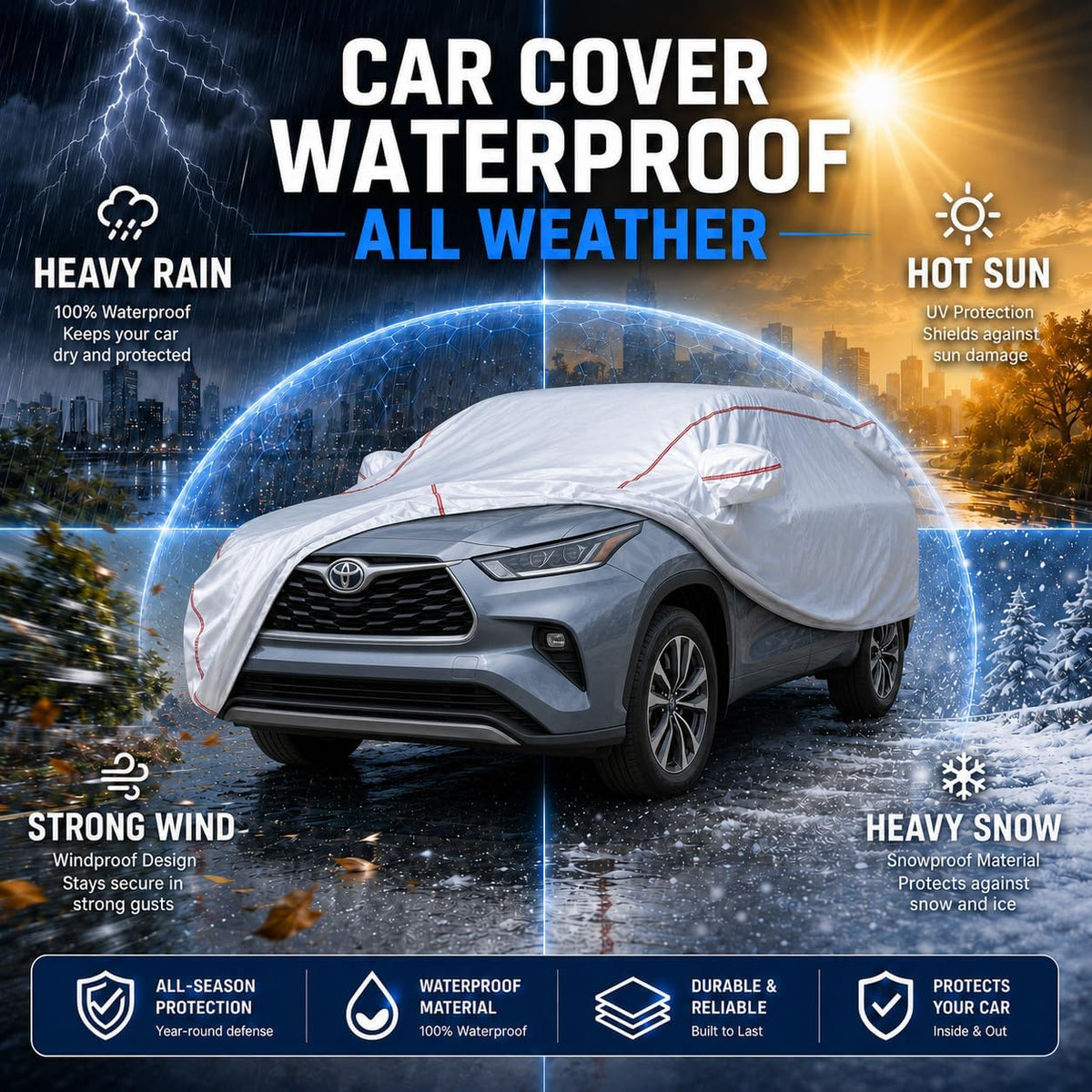 Car Cover for Sedan, Waterproof All Weather Heavy Duty, 360° Underbody Wrap Windproof Design, Quick Install Outdoor Vehicle Cover, Fits 186-193 in