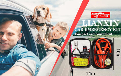 LIANXIN Car Roadside Emergency Kit, with Jumper Cables Automotive Kit,Car Safety Roadside Assistance Kit Headlamp,Tow Straps, Safety Hammers, Rainwear, Gloves.Black