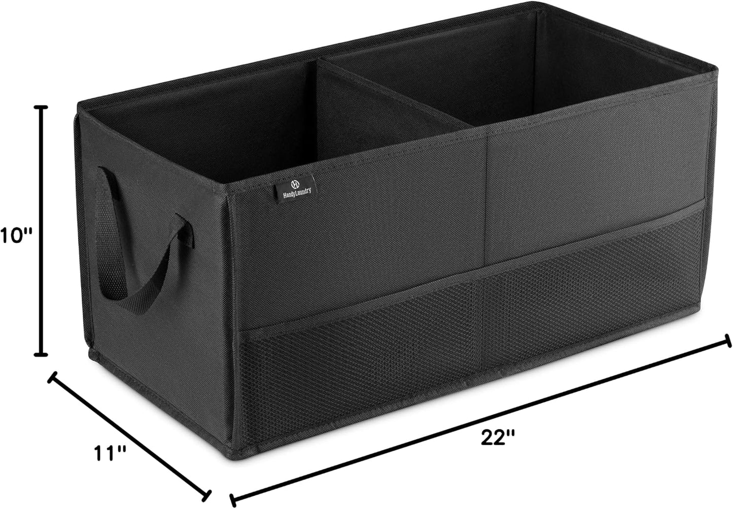 Handy Laundry Car Trunk Organizer – Large 2 Compartment Storage Bin with Non-Slip Fastener, Mesh Side Pockets & Heavy-Duty Handles, 22 x 10 x 11 in, Black – Prevents Shifting & Rolling