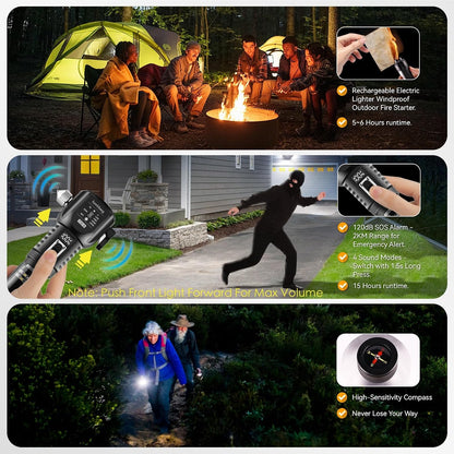 18-in-1 Car Emergency Flashlight, Window Breaker Seatbelt Cutter | 800LM solar/usb flashlight, magnetic base, emergency power bank, electric lighter, 120dB alarm & compass. Ideal driver gift