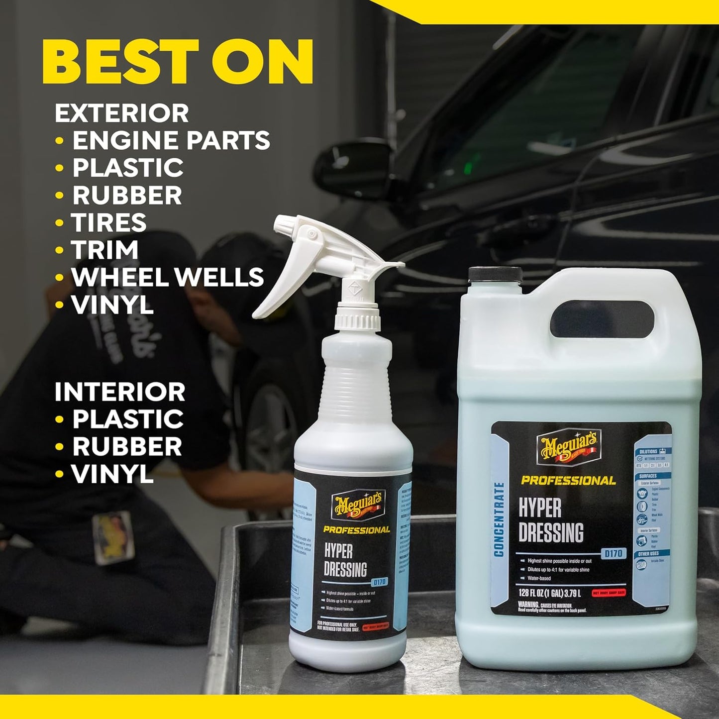 Meguiar's Hyper Dressing, 1 Gallon, Trim Shine For Drivers & Detailers— Car Wash Soap Restores Gloss And Deep Black Look; Use On Plastic And Rubber Trim, Tires, Bumpers And Wheel Wells