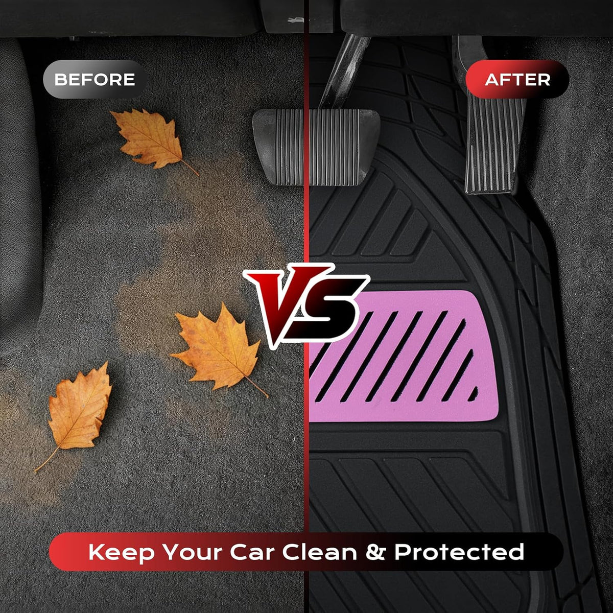 Coverado Car Floor Mats All Weather Waterproof Deep Dish Anti-Slip Car Mats Set, Heavy Duty Rubber Floor Mats for Cars, Universal Trim to Fit Automotive Floor Mats for Cars Trucks SUV, Black&Red