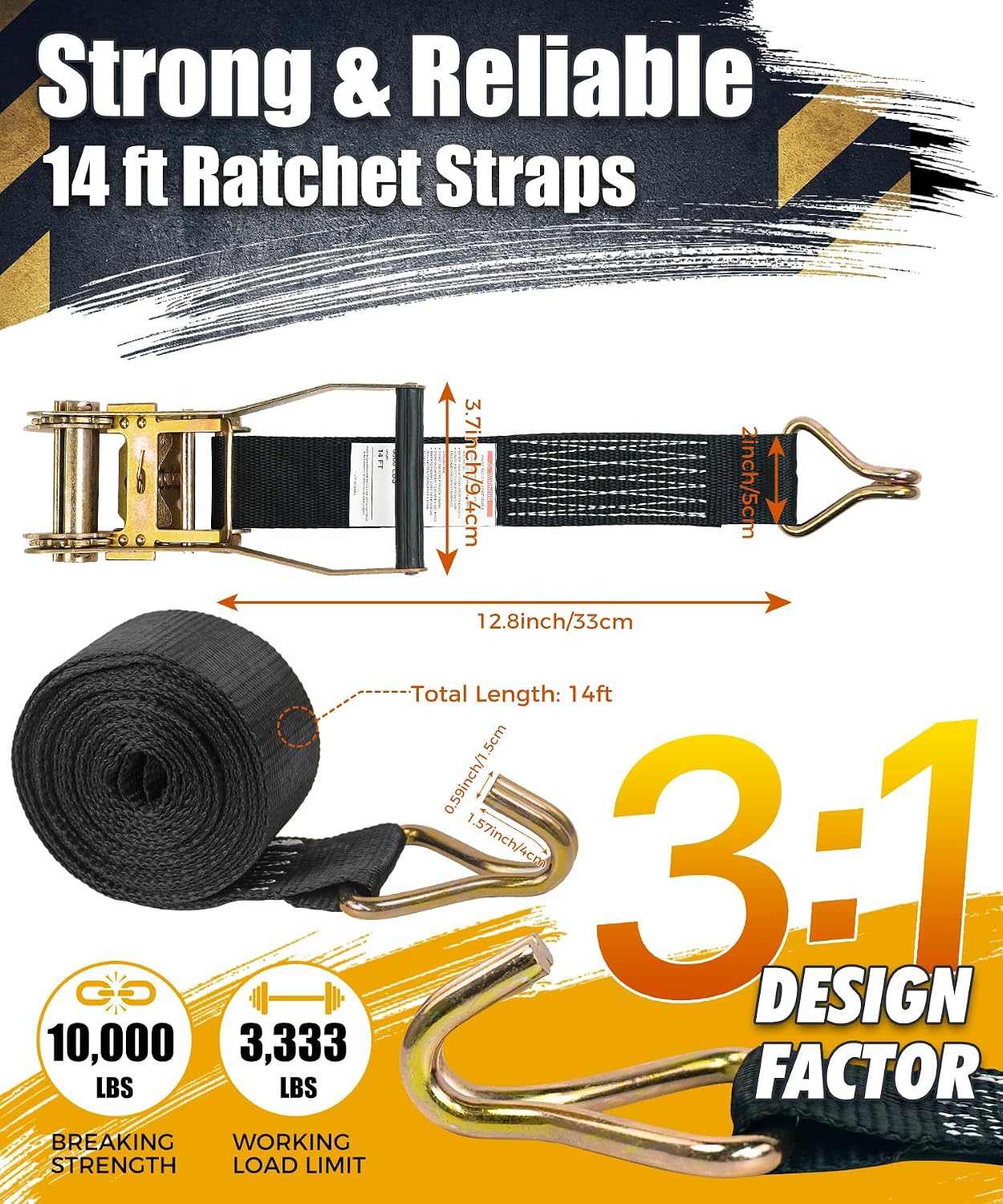 Car Tie Down Straps (4PK) with J Finger Hook Lasso Ratchet Strap 2 Inch x 96 Inch- for Any Car, SUV, Jeep or Sports Car