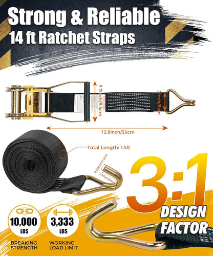 Car Tie Down Straps (4PK) with J Finger Hook Lasso Ratchet Strap 2 Inch x 96 Inch- for Any Car, SUV, Jeep or Sports Car