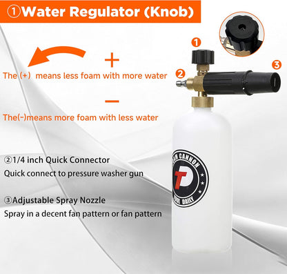 Tool Daily Short Pressure Washer Gun with Foam Cannon, 1/4 Inch Quick Connector, with 5 Pressure Washer Nozzle Tips, 1 Liter