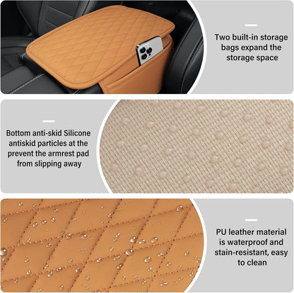 Amiss Car Center Console Cover, Upgraded Leather Car Armrest Cushion with 2 Storage Pockets, Universal Waterproof Cushion Pad, Non-Slip Car Interior Accessories, Fits Most Sedans SUVs Trucks (Black)