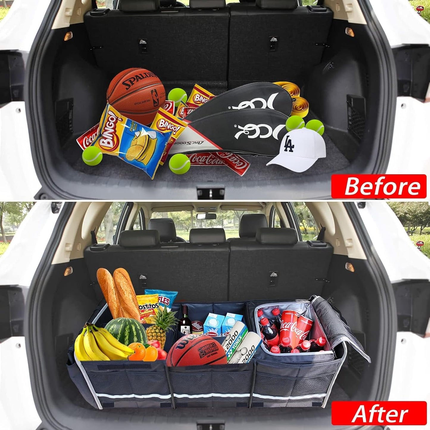 Homeve Car Trunk Organizer for SUV, 18.5Gal Large Capacity No-Sag Heavy Duty, Foldable Waterproof Anti-Slip Storage with 12 Pockets, Fit Sedan,Truck, Universal Car Accessories, Black, Large, 2 Compart