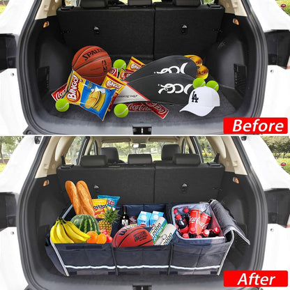 Homeve Car Trunk Organizer for SUV, 18.5Gal Large Capacity No-Sag Heavy Duty, Foldable Waterproof Anti-Slip Storage with 12 Pockets, Fit Sedan,Truck, Universal Car Accessories, Black, Large, 2 Compart